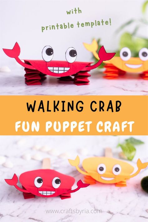 walking puppet crab craft for kids picture Crab Puppet, Crab Printable, Paper Crab, Lobster Crafts, Hermit Crab Crafts, Diy Puppets, Crab Craft, Rainbow Fish Crafts, Preschool Ocean