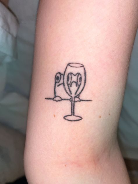 Animal Wine Glass Tattoo, Wine Glass Tattoo Small Friends, Frog Looking Through Wine Glass Tattoo, Wine Glass Friend Tattoos, Cat Drinking Wine Tattoo, Wine Glass Tattoo, Glass Tattoo, Stick And Poke, S Tattoo