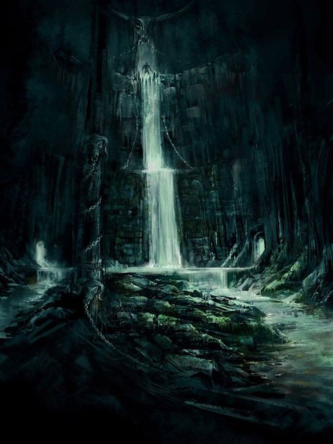 Underground Falls Sunken Temple, Dwarven City, Waterfall Background, City Of Ember, Underground Cities, Christmas Tree Art, Prince Of Persia, Wallpaper Collage, Fantasy City