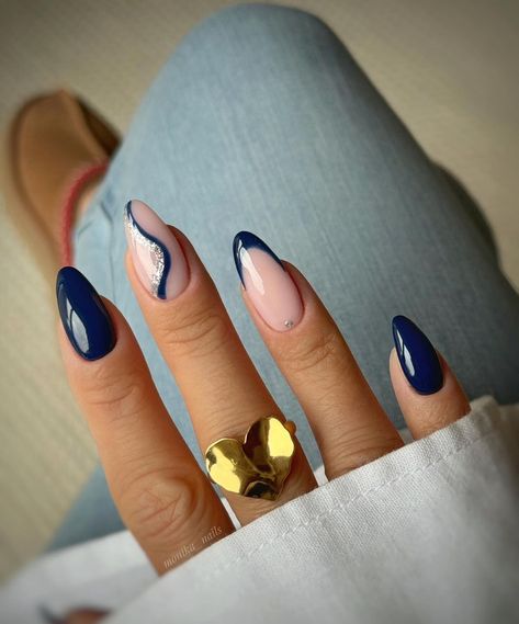 Nails Design Ideas Simple, Christmas Nails Navy Blue, Christmas Nails Navy, Nails Inspiration Navy Blue, Dark Blue Nails With Design Almond, Midnight Blue Nails Acrylic Almond, December Nails Almond, Short Almond Nails Navy Blue, Navy Christmas Nails