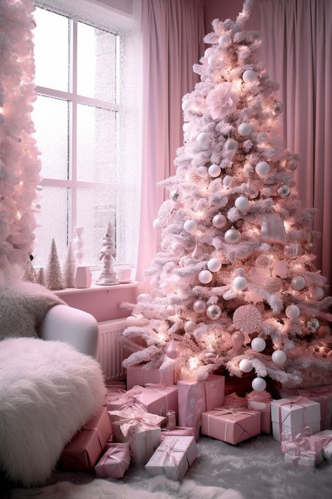 Pink Christmas Wallpaper Iphone, Christmas Tree Wallpaper Iphone, Girly Christmas Tree, Pink Xmas Tree, Christmas Aesthetics, Girl Apartment Decor, Girly Christmas Gifts, Unique Holiday Cards, Pink Xmas