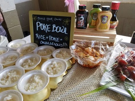 Poke Bar- with a DIY Poke Bowls station! #MauiSpecialtyBars Poke Party Ideas, Poke Bar Party, Poke Bowl Station, Poke Bowl Bar Party, Poke Bar Ideas, Poke Bowl Party, Poke Bowl Bar, Diy Party Bar, Pig Roast Party