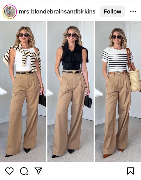 Tan Collared Shirt Outfit, Camel Pants Outfit Casual, Light Beige Trousers Outfit, Beige Tailored Pants Outfit, Beige Pantalon Outfit, Pantalon Camel Outfits Mujer, Camel Wide Leg Pants Outfit, Breton Outfit, Cream Pants Outfit Work