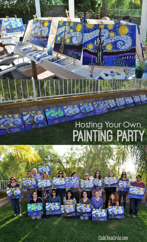 Hosting Your Own Fun Painting Party Paint Party Painting Ideas, Group Painting Ideas Canvases, Painting Party Ideas Canvases, Paint Party Ideas For Adults, Wine Paint Party, Drawing Ideas Step By Step, Hosting Party, Pop Art Party, Wine And Paint Night