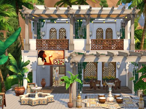 Community Lots Sims 4, Sims Community Lots, Sims 4 Lots Community, Sims 4 Community Lots Ideas, Sims 4 Cafe, Sims 4 Hotel, Sims 4 Community Lots, Greek Bedroom, Sims Lots