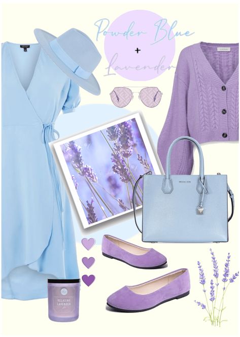 Purple And Sky Blue Combination Dress, Light Blue And Purple Outfit, Lavender Color Palette Outfit, What To Wear With Lilac, Lilac And Blue Outfit, Powder Blue Outfit Color Combos, Lavender And Blue Outfit, Light Blue Combination Outfit, Lavender Blazer Outfits For Women