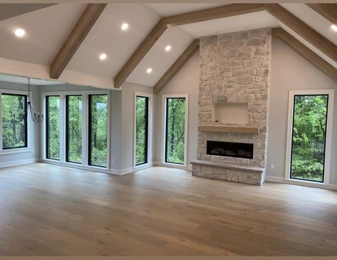 Living Room With Floor To Ceiling Window, Floor To Ceiling Windows Kitchen, Barndominium Ideas Big Windows, Barndo With Big Windows, Lake View Homes Big Windows, Mountain View Living Room Big Windows, Alaskan Homes, Log Cabin Big Windows, Barn Homes Floor Plans