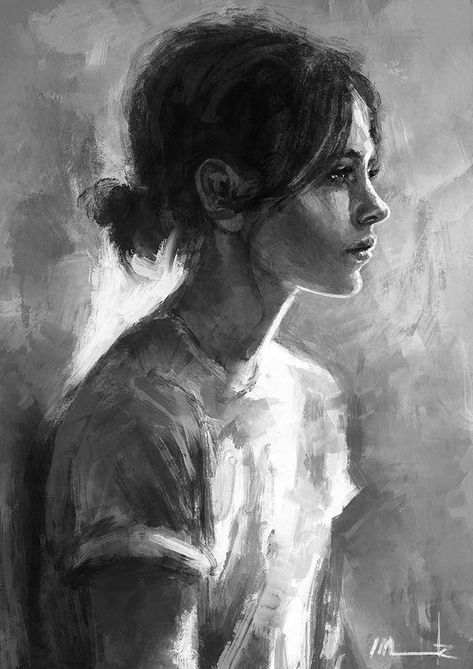 Elina - Monochromatic digital painting. A woman is painted in black and white colors looking far away with disheveled hair and humble clothing. Portrait Au Crayon, L'art Du Portrait, Foto Langka, Drawing Hair, Charcoal Drawings, Kunst Inspiration, Charcoal Art, Digital Paintings, 인물 드로잉