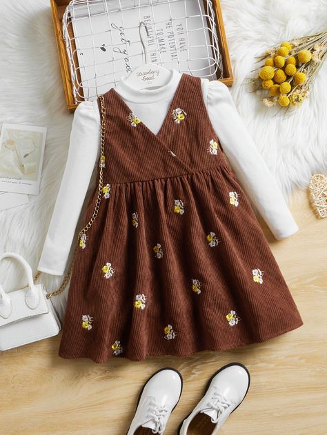 Multicolor Casual Collar Long Sleeve  Floral  Embellished Slight Stretch  Toddler Girls Clothing Corduroy Embroidery, Crochet Baby Outfits, Trendy Toddler Clothes, Baby Dress Diy, Corduroy Pinafore, Frocks For Kids, Corduroy Pinafore Dress, Dress Patterns Diy