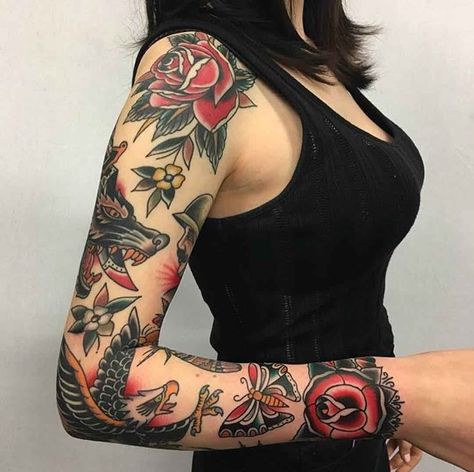 full sleeve traditional tattoo ** but I want mine with purple and blue accents Tattoo Planets, New School Tattoos, Mangas Tattoo, Sanskrit Tattoo, Tattoo Dotwork, Sailor Jerry Tattoos, Traditional Sleeve, Traditional Tattoo Sleeve, Jesus Tattoo