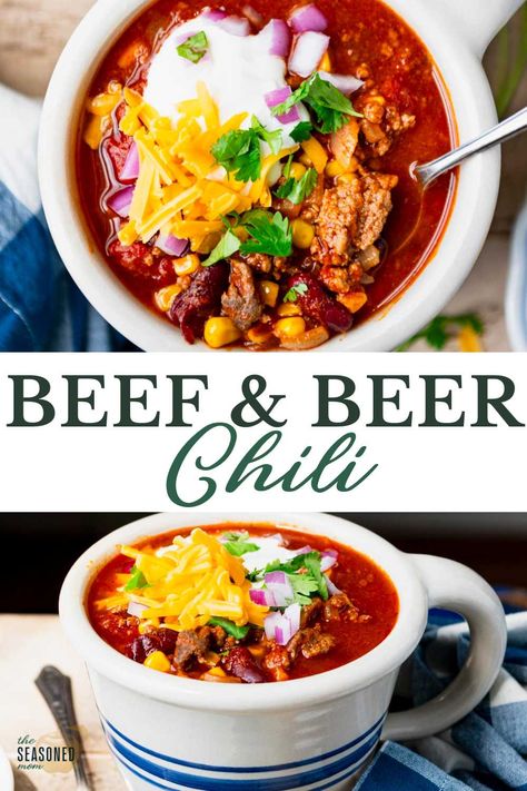 A classic beef and beer chili recipe with robust flavor, just the right amount of zesty seasoning, and a thick, rich texture. Beef And Beer Chili, Bourbon Chili Recipe, Chili Recipe With Beer, Beer Chili Recipe, Freezer Prep, Beer Chili, Beef Chili Recipe, Prep Meals, Freezer Meal Prep