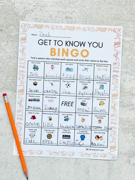 This Get to Know You Bingo game is a fun and engaging community building game, designed to break the ice and build relationships! Whether it's the first day of school, camp, church, or sports, participating in this fun activity will help children feel comfortable and excited to meet and learn alongside their new friends. Get the free printables below! Community Building Games, Friend Bingo, Ice Games, Bingo For Kids, School Camp, Back To School Art, Icebreaker Activities, Kids Literacy, First Day Of Class