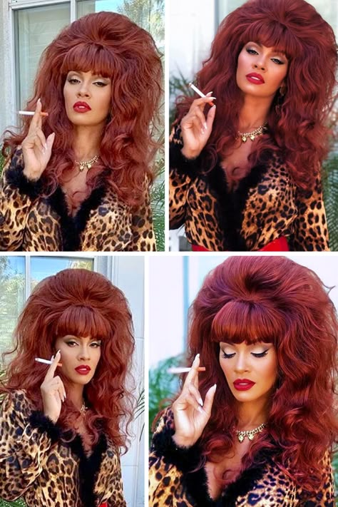 Big Hair Outfit, Diva Hair, Big Hair Costumes Halloween, Rocky Horror Hair Styles, Curly Haired Halloween Costumes, Big Teased Hair, Costume With Wig, Peggy Bundy Costume, Teased Hairstyles