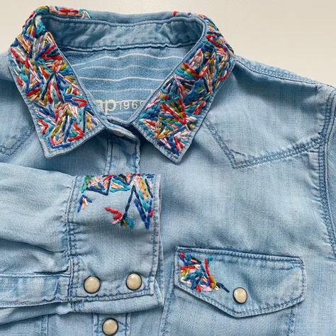 Abstract Hand Embroidered Button-Up – KHG Arts Button Up Embroidery, Embroidered Button Down, Embroidered Button Up Shirt, Multicolor Embroidered Button-up Top, Vintage Embroidered Button-up Shirt, Casual Embroidered Button-up Denim Top, Embroidered Denim Button-up Shirt, Embroidered Button-up Western Tops, Clothing Refashion