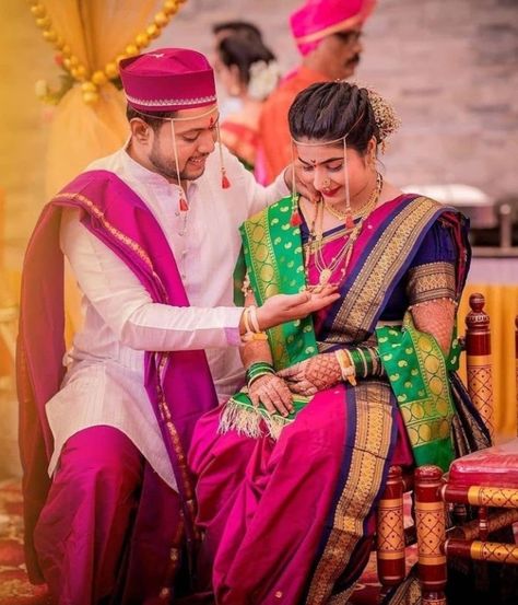 Vaidik Marriage Dress, Saptpadi Couple Look, Saptapadi Dress For Men, Saptapadi Look For Bride And Groom, Maharashtrian Bride And Groom Outfits, Maharashtrian Groom Outfit Wedding, Marathi Bride And Groom Outfits, Marathi Groom, Marriage Video