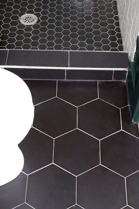 Moody Bathroom REVEAL: One Room Challenge Spring 2019 | Honey Built Home Octagon Tile Bathroom Floor, Black Hexagon Tile Bathroom Floor, Moody Modern Bathroom, Octagon Tile Bathroom, Modern Bathroom Black, Black Hexagon Tile Bathroom, Black Hexagon Floor, Hexagon Tile Bathroom Floor, Hexagon Tile Bathroom