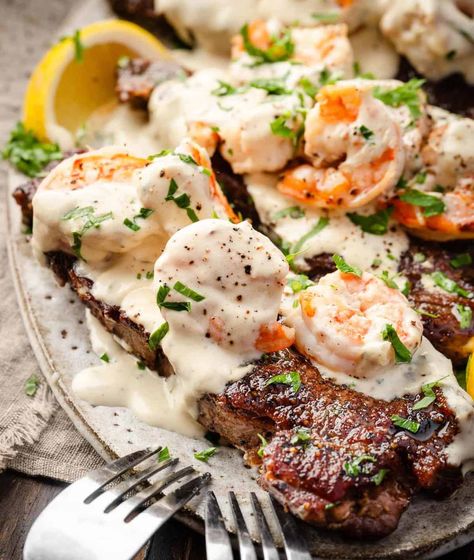 This Steak and Shrimp is a fantastic and easy gourmet steak recipe to make! A quick, gourmet surf and turf option that pairs seared steak with luxurious shrimp in a smooth Boursin sauce. Steak Toppers, Boursin Sauce, Meat Ideas, Gourmet Steak, Cowboy Steak, Shrimp Parmesan, New Recipes For Dinner, Beef Sauce, Creamy Shrimp