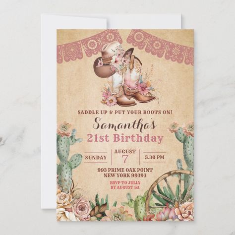 Boho Floral Boots Cowgirl Birthday Invitation Vaquera Theme Party, Cowgirl Birthday Party Invitations, London Birthday, Cowgirl Birthday Invitations, Work Baby Showers, 21st Birthday Themes, Rodeo Birthday Parties, Dream Birthday, Western Birthday Party