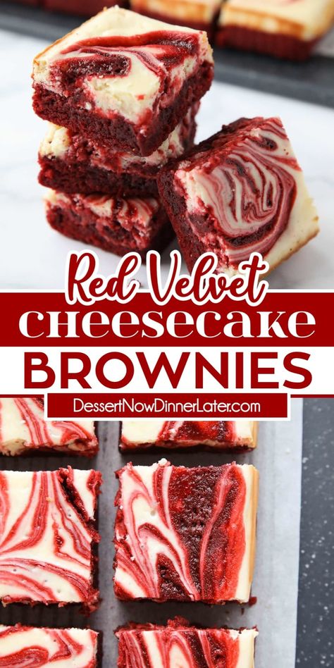 These Red Velvet Cheesecake Brownies combine two delicious desserts into one. Fudgy red velvet brownies swirled together with creamy vanilla cheesecake. These dessert bars look as good as they taste. Red Velvet Cheesecake Brownies, Velvet Brownies, Red Velvet Brownies, Cheesecake Brownie, Velvet Cheesecake, Red Velvet Cheesecake, Brownie Desserts, Cheesecake Brownies, Easy Baking Recipes Desserts