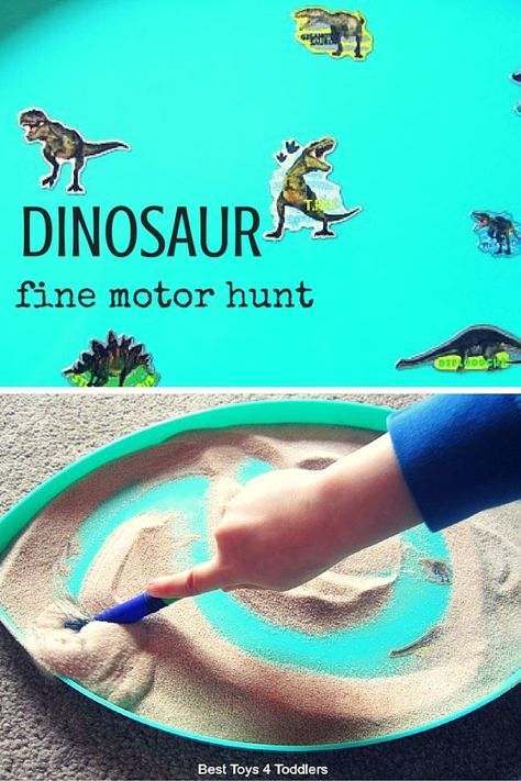 Best Toys 4 Toddlers - Dinosaur hunt and fine motor practice for toddlers and preschoolers Dinosaur Fine Motor, Dinosaur Theme Preschool, Fun Activities For Preschoolers, Fine Motor Practice, Dinosaurs Preschool, Fine Motor Activities For Kids, Sensory Ideas, Teachers Resources, Dinosaur Activities