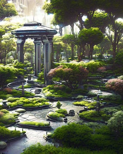 Enterlink Art on Instagram: "Green City Arboretum: Vol.2 - A closer look at some of the arboretum's unique water feature designs. #scifiart #futureart #scifiworld #futuristicart #stablediffusion #stablediffusionai #generativedesign #generative #aiart #aiartcomm #aigenerated #aiartwork #digitalartgallery #digitalartdesign #fantasylandscape #surrealart #instaart #instaarts #natureart #natureartwork #landscapeart #archvizartist #conceptart #scifiworld #scifidaily #archdaily #scifiartwork" Sci Fi Garden Concept Art, Garden Concept Art, Garden Concept, Scifi Artwork, Sci Fi Architecture, Generative Design, Digital Art Gallery, Concrete Garden, Nature Artwork