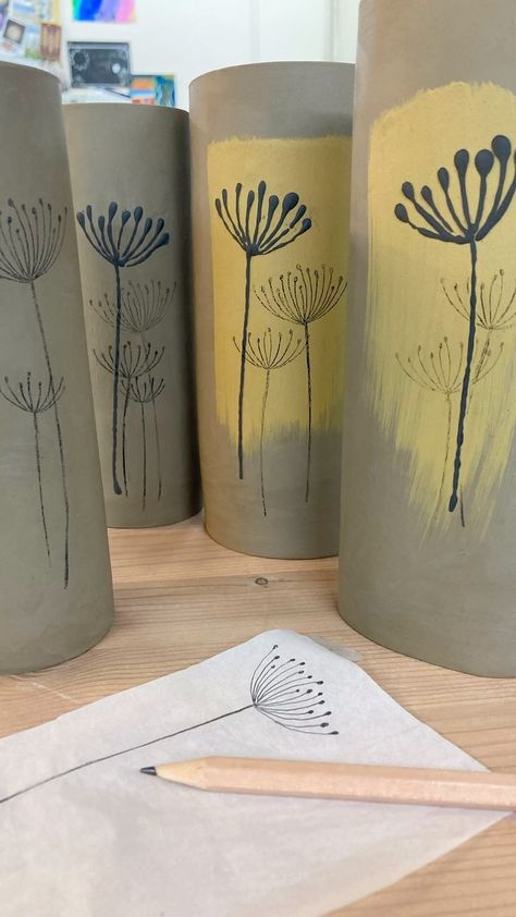 Wendy Calder - Bristol potter | Jugs, Part 3…Sgraffito 🤩 I love that word! The jugs are just past the leatherhard stage when I start to sgraffito the decoration.… | Instagram Scraffito Designs Simple, Ceramic Jugs Pottery, Sgraffito Designs, Pottery Sgraffito, Ceramic Jugs, Cow Parsley, Clay Pieces, Ceramic Jug, Ceramic Ideas