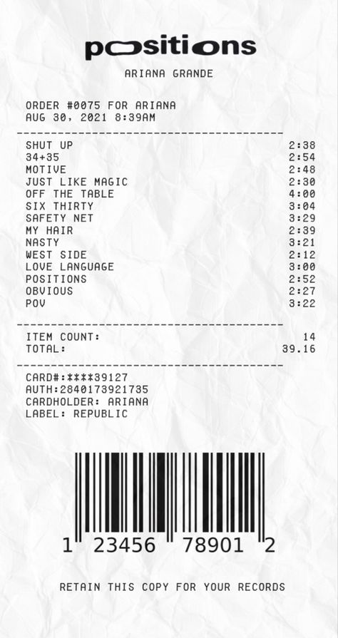 Receipt Music Posters, Reciept Albums, Receipt Collage, Music Receipts, Music Receipt, Album Receipts, Ariana Grande Album, Packaging Ideas Business, Dorm Art