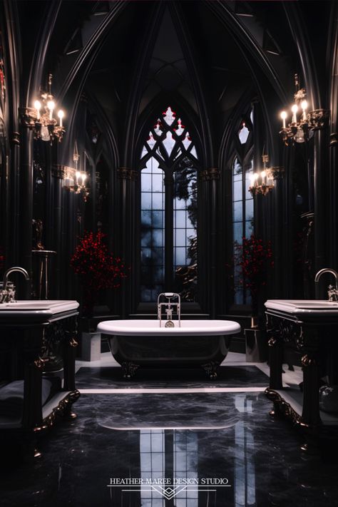 Fancy Bathroom Luxury Dark, Dark Castle Bathroom, Victorian Goth Bathroom, Moody Eclectic Bathroom, Dark Manor Aesthetic, Vampire House Aesthetic, Modern Gothic Bathroom, Vampire Bathroom, Gothic Mansion Interior