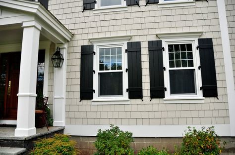 Gray Shutters, Exterior House Siding, Tan House, James Hardie Siding, Hardie Siding, Black Shutters, Exterior Paint Colors For House, Shutters Exterior, Exterior Remodel