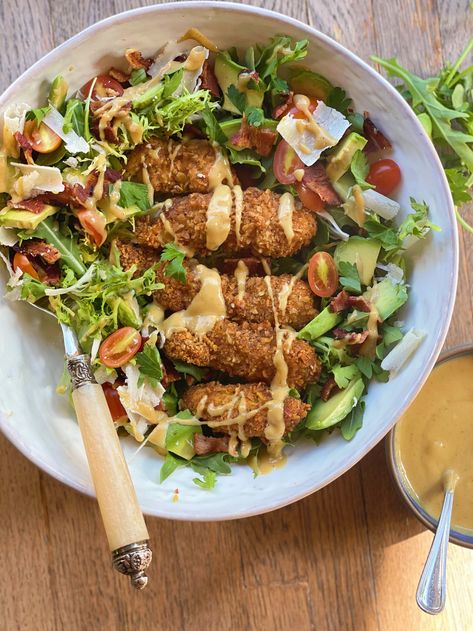 Crispy Chicken Tenders with Honey Mustard and Avocado Bacon Salad — Chouquette Kitchen Chouquette Kitchen, Chicken Tender Salad, Crispy Chicken Salads, Half Baked Harvest Recipes, Crushed Potatoes, Crispy Chicken Tenders, Honey Mustard Dressing, Bacon Salad, Potato Chip