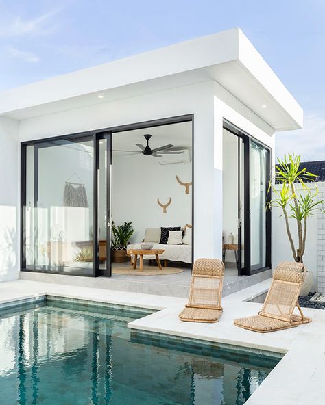 Villa Ziggy in Berawa, Bali on Behance Bali Villa Inspiration, Small Villa Bali Architecture, Small Bali Inspired House, Bali Inspired Villa With Pool, Farm Villa House, Small Pool Villa, Bali Small House, Small Bali House, Small Villa House Design