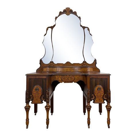 This beautiful, rich walnut wood vanity is the perfect addition to your master suite, entryway or as a dressing table in your guest room. This piece features two spacious dovetail drawers with hinged serpentine glove box to store your most used jewelry or makeup.   The original, etched mirror has a lovely patina that only time can produce. Imagine the faces and stories this antique beauty has seen, then envision yourself looking in the antique glass for one final check before you go about your d Painted Vanity Makeup, Antique Vanity Ideas, Southern Gothic House, Vintage Makeup Vanity, Antique Vanity Mirror, Antique Vanity Table, Vintage Makeup Vanities, Vanity Antique, Triple Mirror