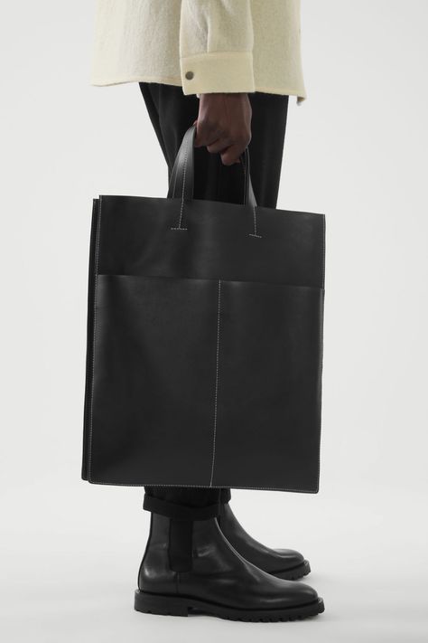 LEATHER TOTE BAG - BLACK - Bags - COS US Mens Leather Tote Bag, Minimalist Bags Design, Mens Tote Bag, Leather Bag Design, Contrast Topstitching, Soft Leather Tote, Men's Totes, Oversized Tote Bag, Black Leather Tote Bag