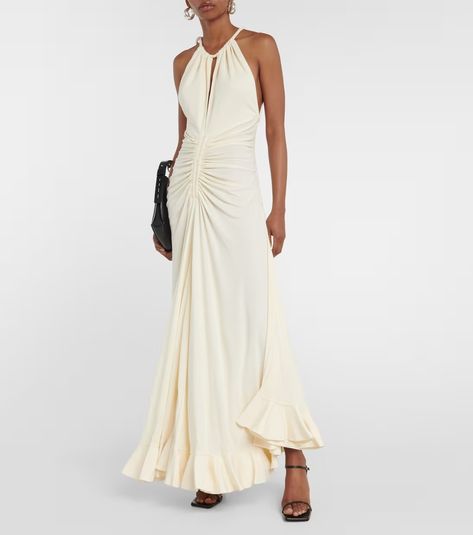 Ruched crêpe maxi dress in white - Proenza Schouler | Mytheresa Gathered Maxi Dress, Leisure Dress, Chic Maxi Dresses, Chic Gowns, Sleeveless Skirt, Ruched Bodice, White Maxi Dresses, Shop Maxi Dresses, Proenza Schouler