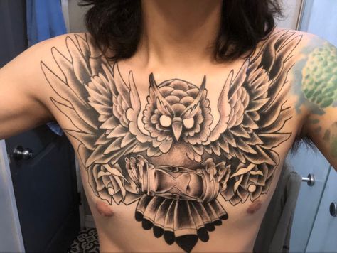 #owl #owltattoo #chesttattoo #blackandgreytattoo Owl Chest Piece, Chest Piece Tattoo, Owl Tattoo Chest, Tattoo Chest, Pieces Tattoo, Chest Piece Tattoos, Chest Piece, Owl Tattoo, Chest Tattoo