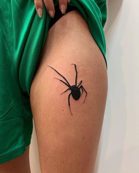 Thigh Traditional Spider Tattoo Traditional Spider Tattoo, Black Widow Spider Tattoo, Spider Tattoos, Spider Web Tattoo, Spirit Tattoo, Web Tattoo, Insect Tattoo, Wicked Tattoos, Scary Tattoos