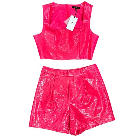 7 For All Mankind Hot Pink Croc Embossed Corset Crop Top Shorts Set M New Tags Brand New, Tags Attached Pink, Crocodile Embossed Faux Leather Set Size Medium Rear Zip Closure On Top. Lined Interior. Bottom Zip Fly, Pockets, Belt Loops, Pleated Bust: 18.5 Inches Pit To Pit / 37 Inches Full Bust Length: 15.5 Inches Shoulder To Hem Waist: 15 Inches Laying Flat / 30 Inches Full Waist Inseam: 3.5 Inches All Measurements Are Approximate And Pictured In The Photos So You Can See How The Item Was Measur Crop Top Shorts, Top Shorts Set, Corset Crop Top, Bow Detail Dress, Crop Top And Shorts, High Waisted Shorts Denim, Linen Women, Shorts Set, For All Mankind