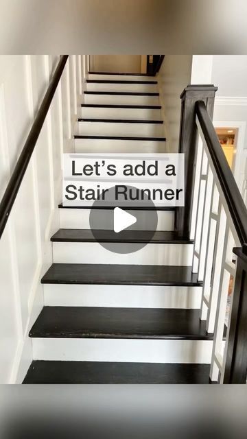 BoutiqueRugs.com on Instagram: "✨If you want to add stair runner, here is the tutorial featuring our Ganyangan washable runner! 📸@revealmydiy" Stair Runner Black And White, White Stairs With Black Runner, Hallway Stairs Ideas Entryway, Black White Stairs With Runner, Runner Down Stairs, All Black Stairs With Runner, White And Black Staircase With Runner, Stairs At Entry, Stair Runner Carpet Diy