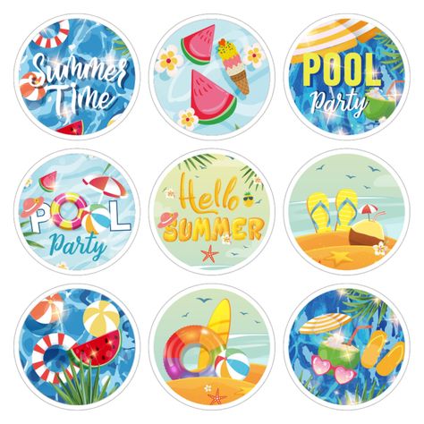 Beach Decorations Party, Cute Summer Stickers, Summer Pool Party Ideas, Beach Stickers, Summer Elements, Summer Favors, Summer Stickers, Sea Vacation, Colorful Borders Design