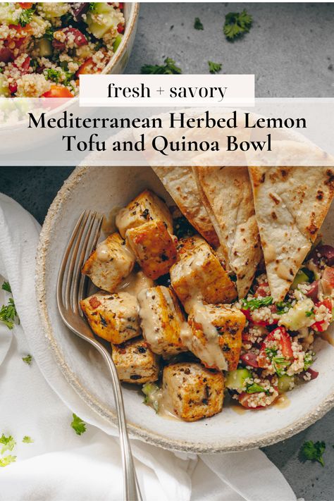 A zesty, bright, and ultra flavorful Mediterranean-inspired bowl with crispy marinated herbed lemon tofu, fresh couscous and veggie salad, crisp pita chips, and a creamy tahini sauce. Tofu Quinoa Bowl, Lemon Tofu, Couscous Bowl, Tofu Quinoa, Tofu Recipes Vegan, Vegan Dinner Recipes Easy, Marinated Tofu, Easy Vegan Dinner, Veggie Salad