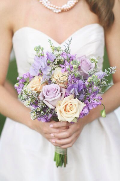 Ivory Wedding Flowers, Ivory Bouquet Wedding, Purple Wedding Bouquets, Wedding Colors Purple, Lilac Wedding, Purple Wedding Flowers, Yellow Bridesmaids, Ivory Roses, Lavender Wedding