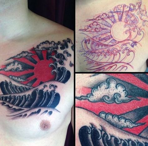 60 Stunning Rising Sun Tattoo Designs for Men [2024 Guide] Sun Chest Tattoo, Sun Tattoo Designs For Men, Rising Sun Tattoo, Sun Tattoo Meaning, Rising Sun Tattoos, Small Wave Tattoo, Japanese Sun, Japanese Icon, Sun Tattoo Designs