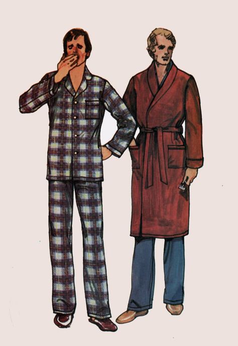 Vintage 1980s Men's Pajamas and Robe Butterick 6367 Vintage 80s Mens Sewing Pattern Size Lg Chest 42 - 44 UNCUT Butterick 6367; ca. 1980s; Men's Pajamas and Robe. Loose fitting pajama top has front buttoned closing, shaped notched collar and lapels, full length straight sleeves and patch pocket. Straight legged pajama pants have elasticized waistline and mock fly front vent. Loose fitting front wrapped unlined robe in below mid knee length has shawl collar, dropped shoulders, full lengths straig Vintage Mens Pajamas, 80s Pajamas Men, Mens Couture, Mens Sewing, 1980s Men, Mens Sewing Patterns, Terry Cloth Robe, Men's Pajamas, Vintage Pajamas