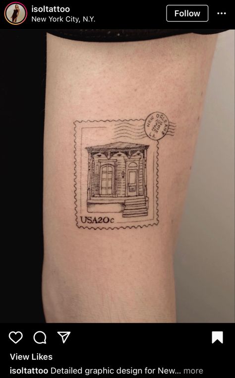 German Stamp Tattoo, House Stamp Tattoo, Stamp Tattoo Postage, Mail Stamp Tattoo, Post Card Tattoo, Mail Tattoo, Character Tattoo Ideas, Postcard Tattoo, Tennessee Tattoo