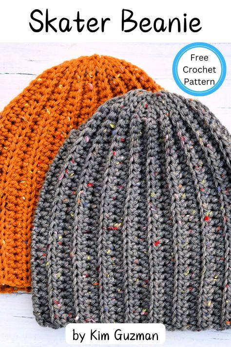 Ribbed Skater Beanie free crochet pattern. This Men's Crochet Ribbed Hat pattern features a classic ribbed design, perfect for providing both warmth and style. Often called a Skater Beanie, this style is popular among men, both young and young at heart. Crochet Ribbed Hat Pattern, Mens Beanie Crochet Pattern, Crochet Ribbed Hat, Skater Beanie, Mens Crochet Beanie, Crochet Scarf For Beginners, Beanie Pattern Free, Crochet Mens Hat, Crochet Beanie Pattern Free