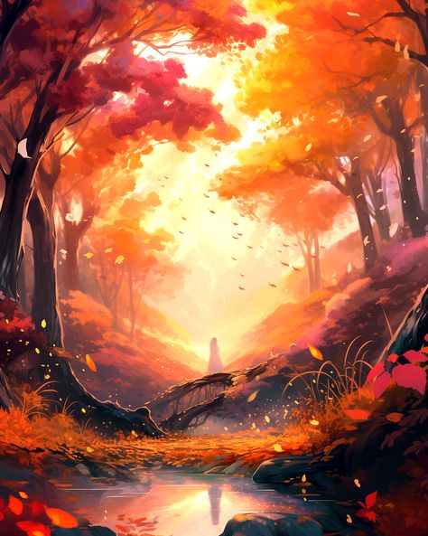 Person stating in an enchanting, fantasy forest during sunset with orange trees, leaves, flowers and plants Flower Forest Drawing, Orange Fantasy Aesthetic, Sunset Digital Painting, Fantasy Forest Art, Fantasy Autumn, Fantasy Sunset, Orange Wallpapers, Orange Landscape, Forest Magical