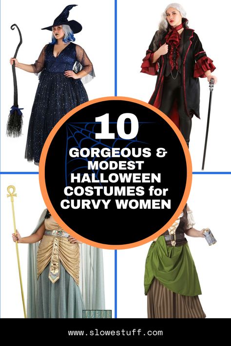 Image of women wearing halloween costumes with banner that reads 10 gorgeous and modest halloween costumes for curvy women and website www.slowestuff.com Vampire Plus Size Costume, Simple Plus Size Halloween Costumes, Homemade Plus Size Costumes For Women, Halloween Costumes Women Spooky, Plus Size Scarecrow Costume Diy, Halloween Costumes For Midsize Women, Diy Pirate Costume For Women Plus Size, Costume Ideas For Plus Size Women, Women’s Plus Size Halloween Costume Ideas