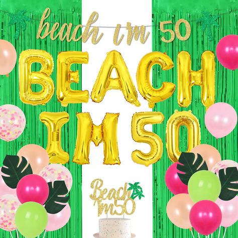 PRICES MAY VARY. Beach I’m 50 Birthday Decorations Kit: You’ll receive 1 set of “Beach I’m 50” foil balloon, 20 x latex balloons 12 inches, 1 x green fringe curtain 3.28*6.56 ft, 1 x cake topper and 1 x gold glitter “beach I’m 50” banner, various decors for you to decorate the party scene. Main Occasions: This Beach I’m 50 theme party decorations set is specially for 50th birthday party, summer beach theme party, aloha and Hawaii style party. Enjoy the joyful fiftieth birthday celebration party Thirtieth Birthday Themes, 50 Birthday Decorations, 30 Birthday Decorations, Birthday At The Beach, 50th Birthday Party Themes, 50th Birthday Themes, Birthday Party Box, Thirtieth Birthday, 60th Birthday Decorations