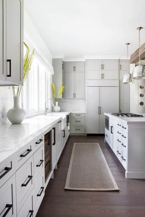 Country farmhouse provides fabulous getaway in Upstate New York Long Narrow Kitchen, Bulthaup Kitchen, Light Grey Kitchen Cabinets, Light Grey Kitchens, Light Gray Cabinets, Narrow Kitchen, New Kitchen Cabinets, Black Handles, Grey Kitchen Cabinets