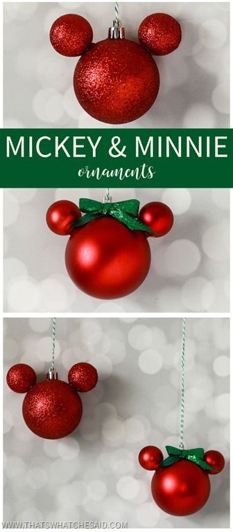 Easily make Mickey & Minnie Mouse Ornaments using shatterproof ball ornaments and some hot glue!  So easy to make and so adorable on your tree or as a gift topper! Disney Ornaments Diy, Disney Christmas Crafts, Mickey And Minnie Christmas, Mickey Mouse Christmas Tree, Mickey Mouse Christmas Ornament, Ideas Decoracion Navidad, Minnie Ornaments, Mickey Mouse Ornaments, Disney Christmas Decorations